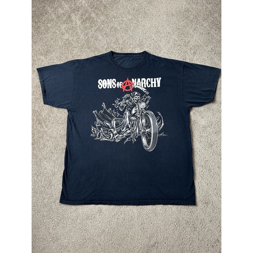 Vintage Mens T-shirt Y2K Sons Of Anarchy Black Skull Print Streetwear, Size 2XL